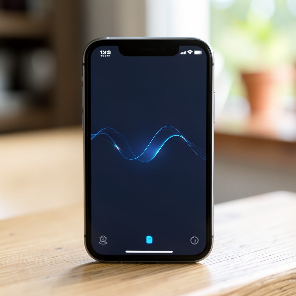 Close-up of a modern smartphone interface with subtle AI assistant wave animation, natural home environment, soft lighting, sharp focus on screen, 4:3