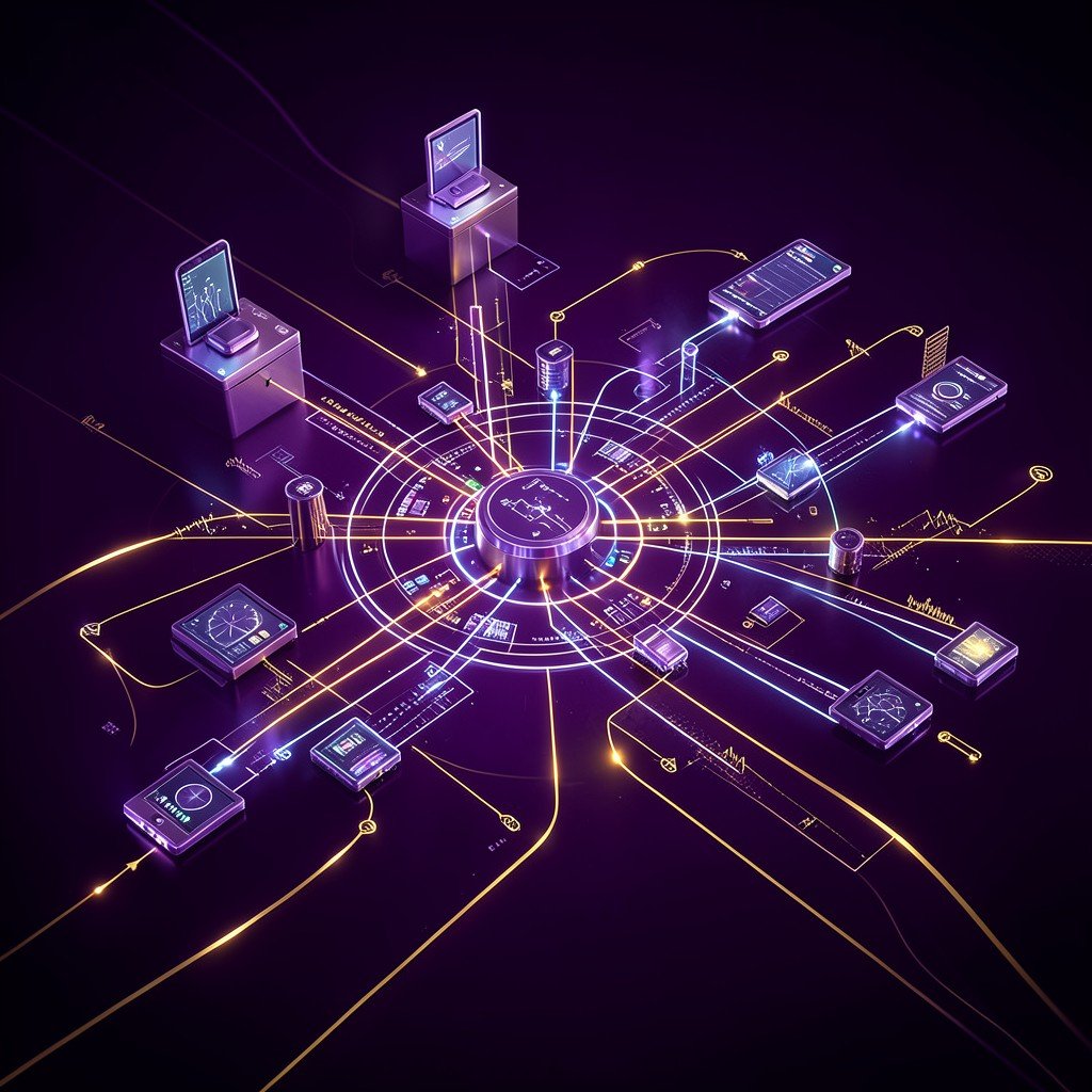 Modern technology concept showing interconnected devices, glowing paths of data, futuristic and elegant atmosphere, deep purple and gold lighting, 4:3