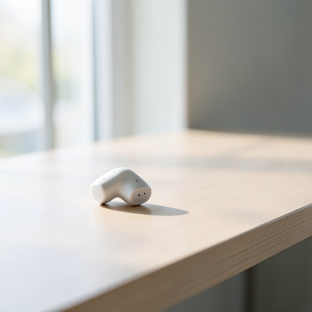 Premium wireless earphones displayed on a sleek minimalist desk, soft natural lighting, 4:3 aspect ratio.