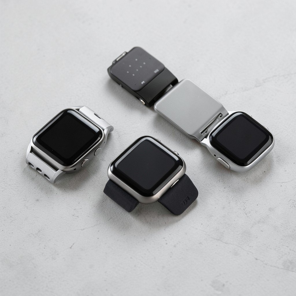 Various smartwatch models on a clean textured surface, neutral colors, professional photography style, 4:3 aspect ratio.
