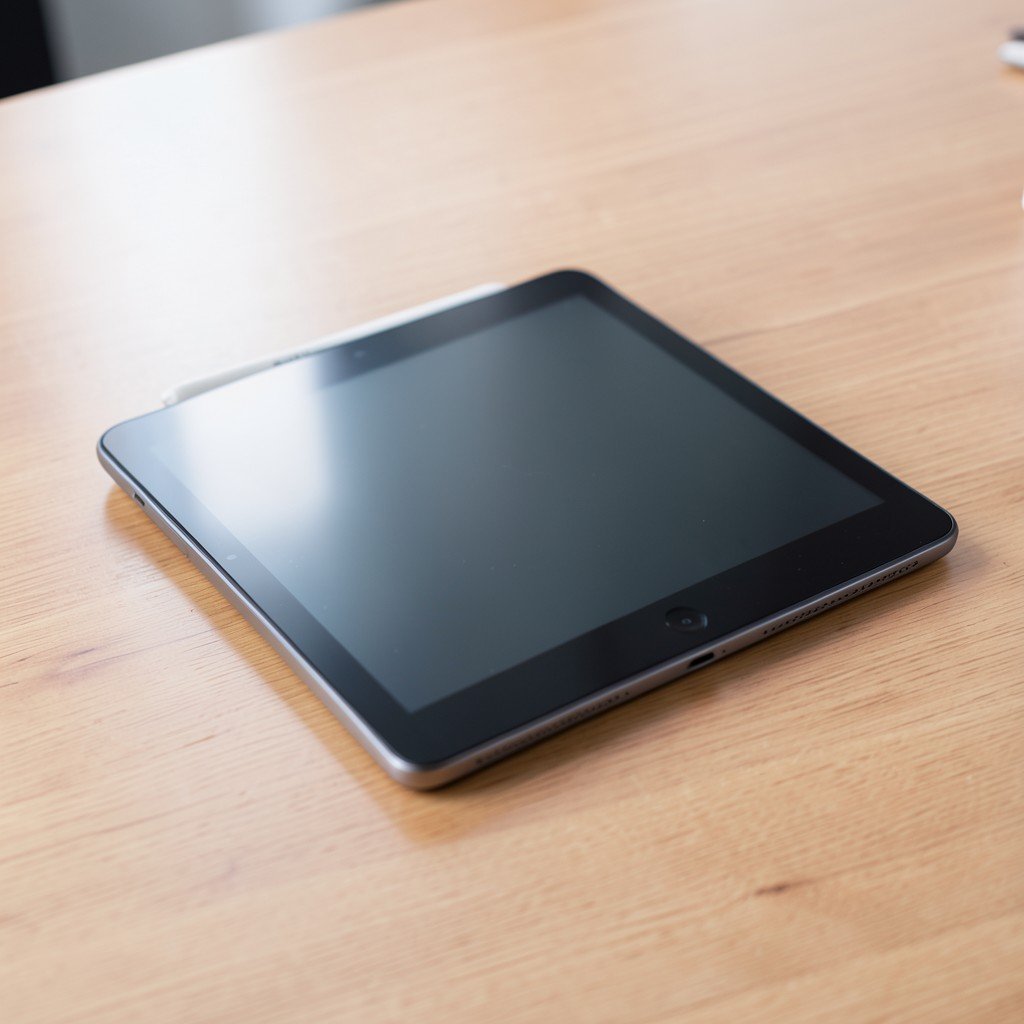 Modern tablet device on a clean wooden table with a stylus, professional and focused, 4:3 aspect ratio.