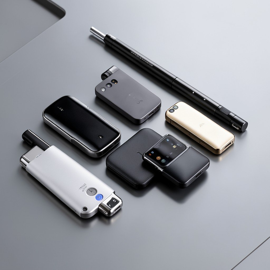 Multiple tech charging accessories arranged neatly, high tech aesthetic, sharp focus, 4:3 aspect ratio.