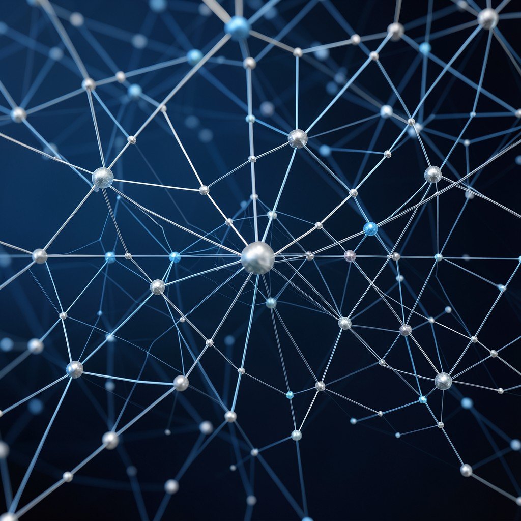 abstract digital neural network background showing connection of various data nodes in elegant blue and silver tones 4:3