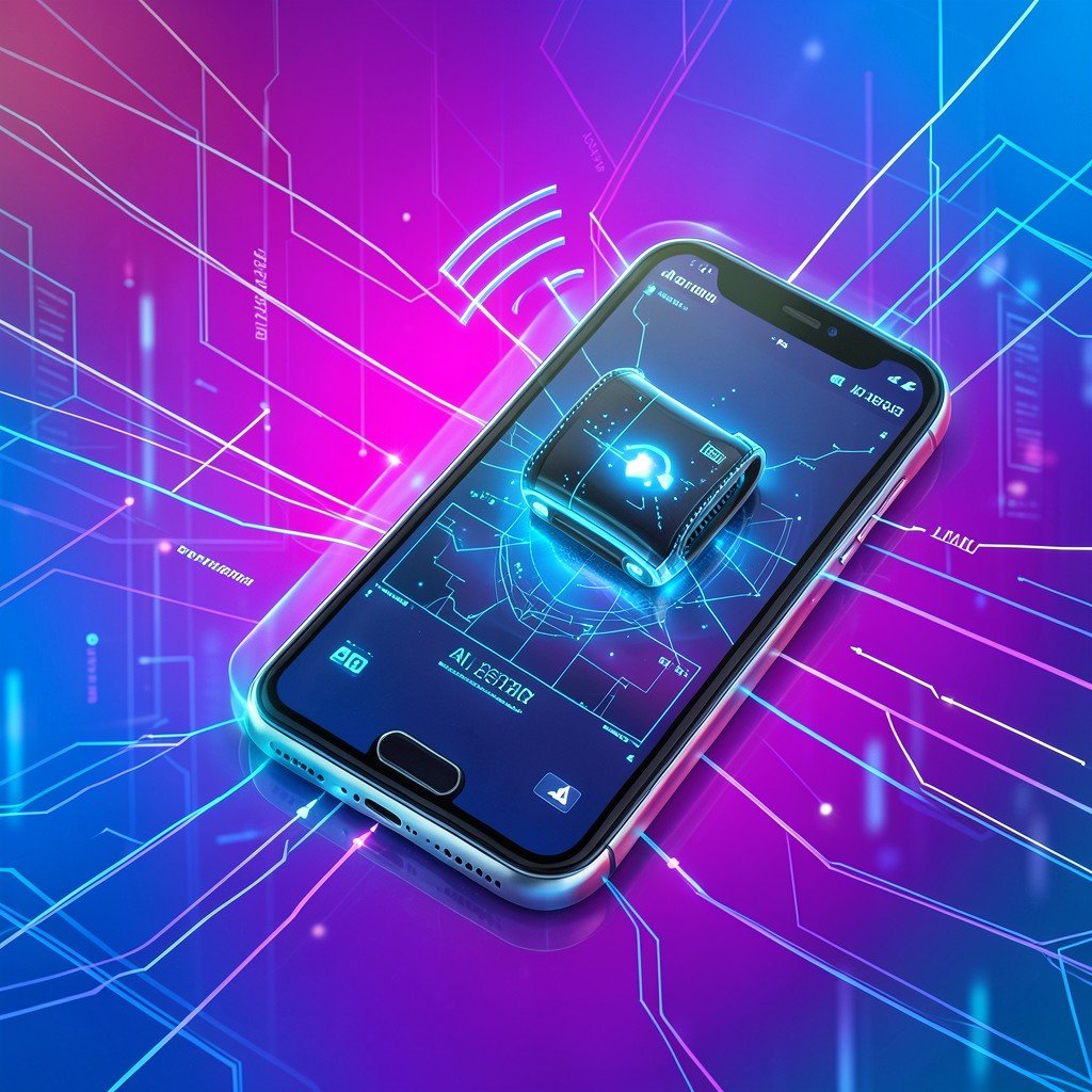 Conceptual illustration of an AI wearable communicating with a smartphone wirelessly, abstract connections, high-tech environment, vibrant gradient background, 4:3 aspect ratio