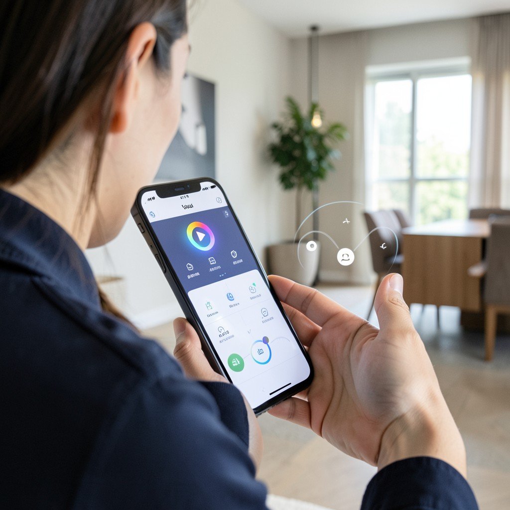 Person using a smartphone with an accessibility interface, helpful AI assistant visual representation, modern home interior, realistic style, 16:9