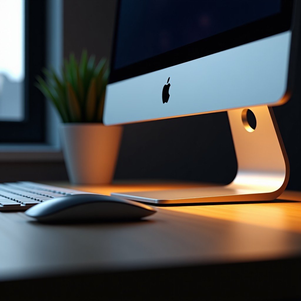 High-end professional workstation desk setup with sleek silver computer hardware, minimalist aesthetic, warm lighting, sharp focus, 4:3 aspect ratio.