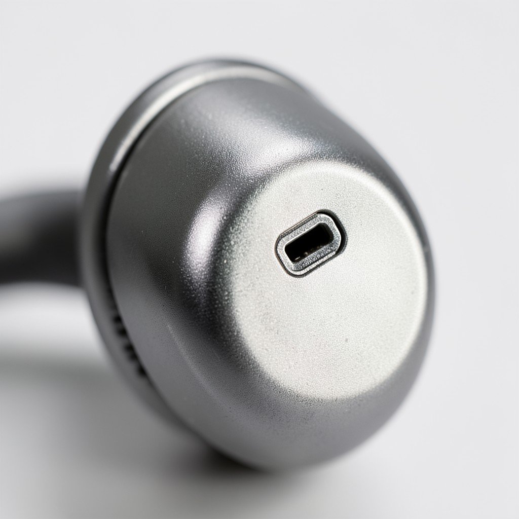 Close-up shot of a USB-C charging port on a sleek metallic headphone, professional product photography, 4:3