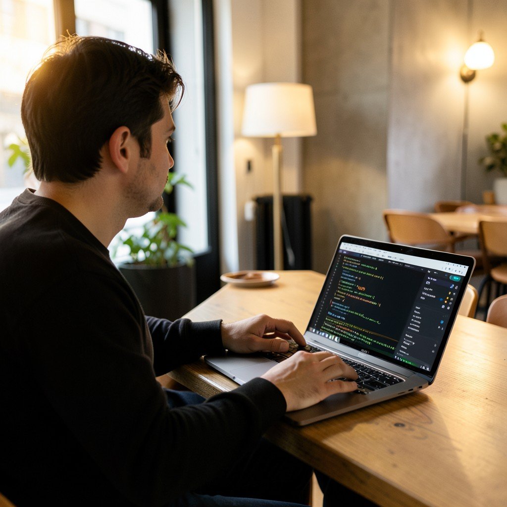 A side-view photography of a creative worker sitting in a modern studio cafe, using a slim 15-inch laptop showing clean code and productivity software on the screen, natural warm lighting, 4:3