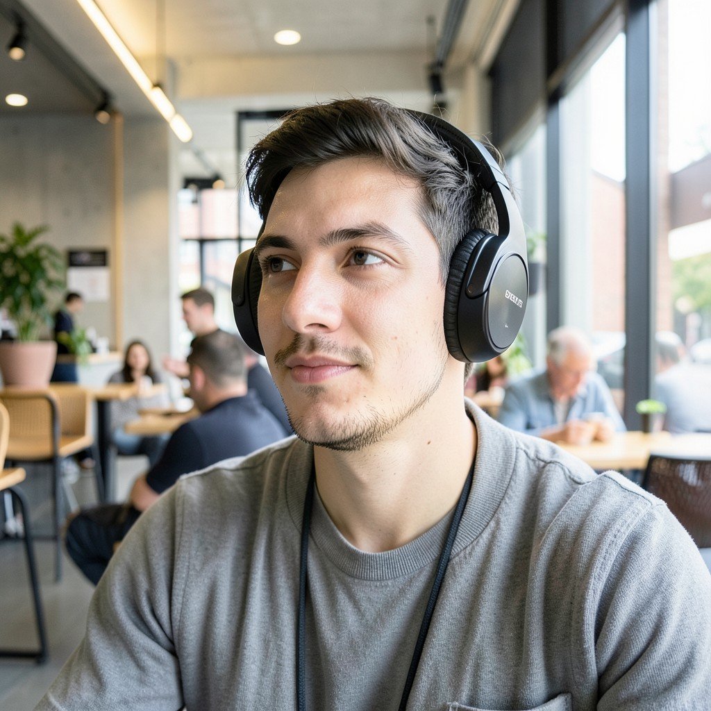 Person wearing high-quality premium wireless headphones in a modern, brightly lit urban cafe, natural expression, lifestyle photography, 4:3.