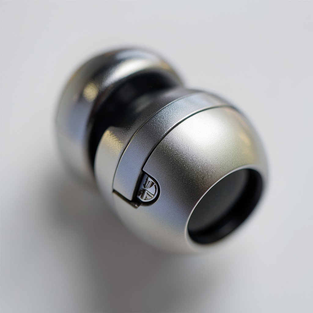 Close-up of premium metallic earphone housing, sleek texture, elegant finish, soft diffused light, macro photography, 1:1.