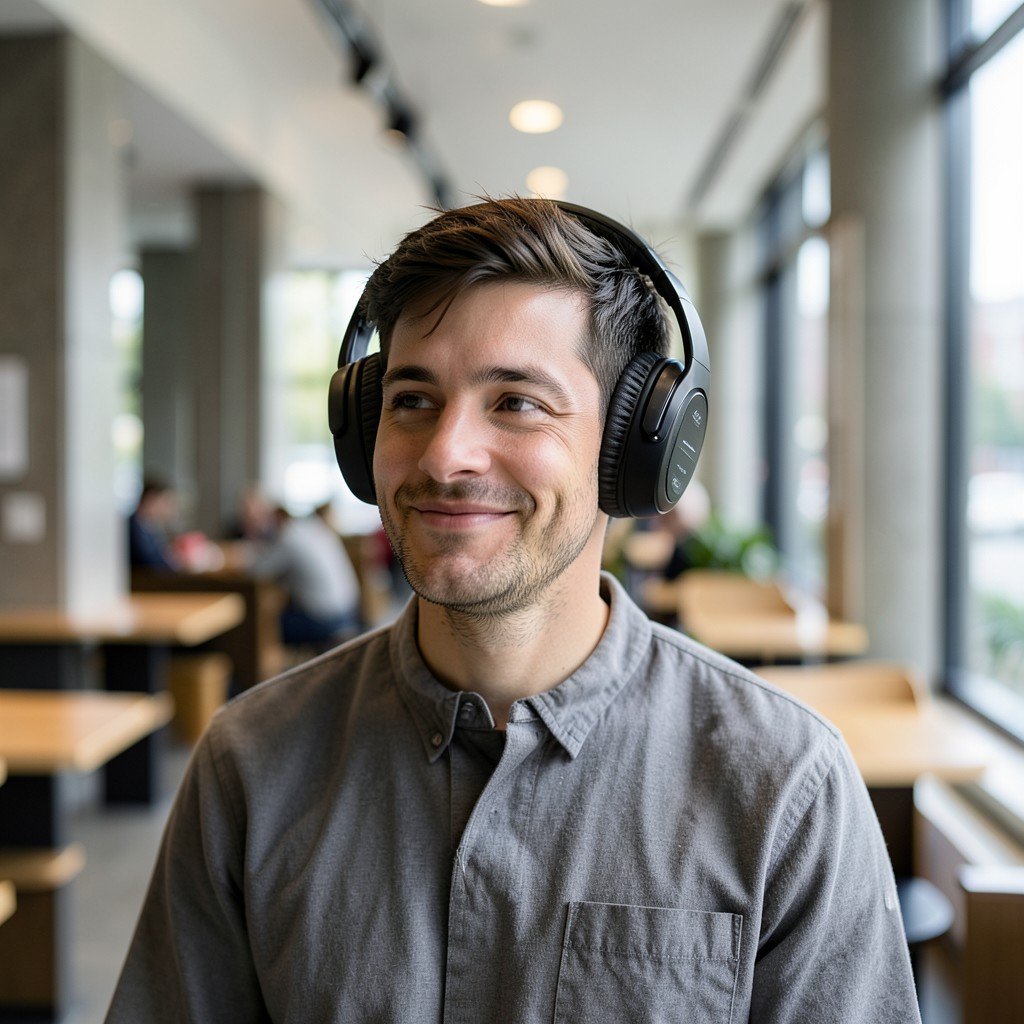 A person wearing premium headphones in a modern urban library setting, shallow depth of field, natural lighting, high quality lifestyle photography, 4:3 ratio.