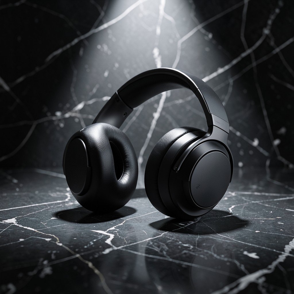 Minimalist composition of premium headphones on a textured dark marble surface, soft spotlight, professional product photography, 4:3 ratio.