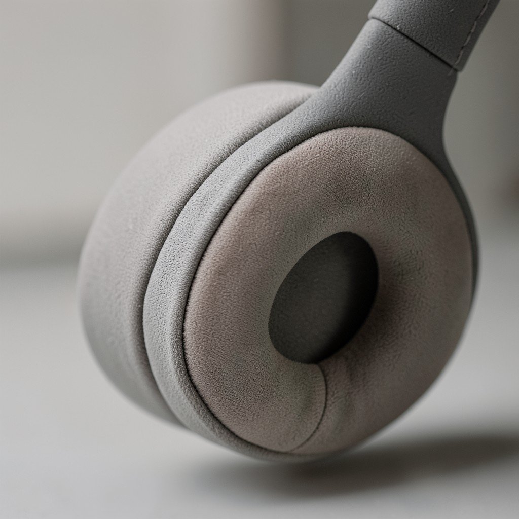 Close up shot of headphones ear cup, premium fabric texture, soft focus background, industrial design, neutral color palette, 4:3 aspect ratio