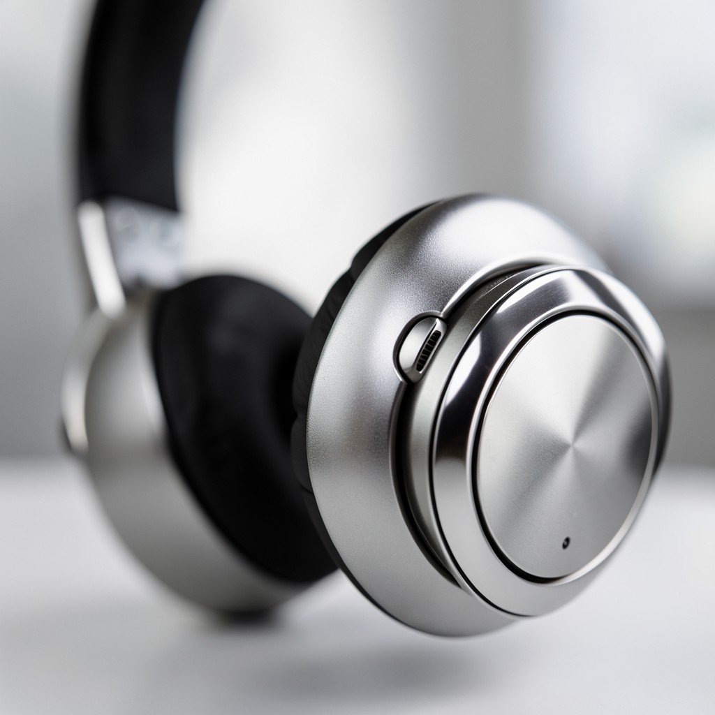 Close up of premium wireless headphones with modern metallic finish, high quality aesthetic, studio lighting, soft blurred background, 4:3