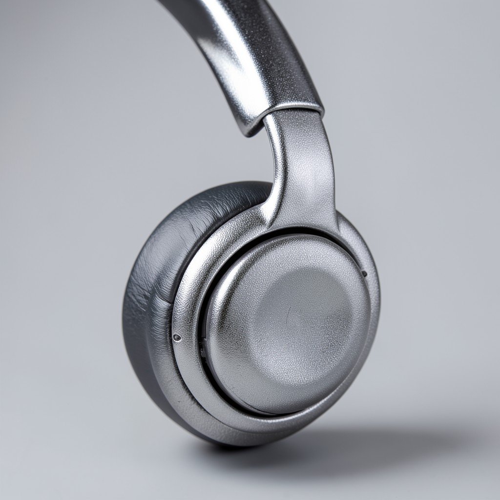 Detailed close up of the headphone ear cup and headband, metallic texture, professional product photography, sharp focus, neutral background, 4:3