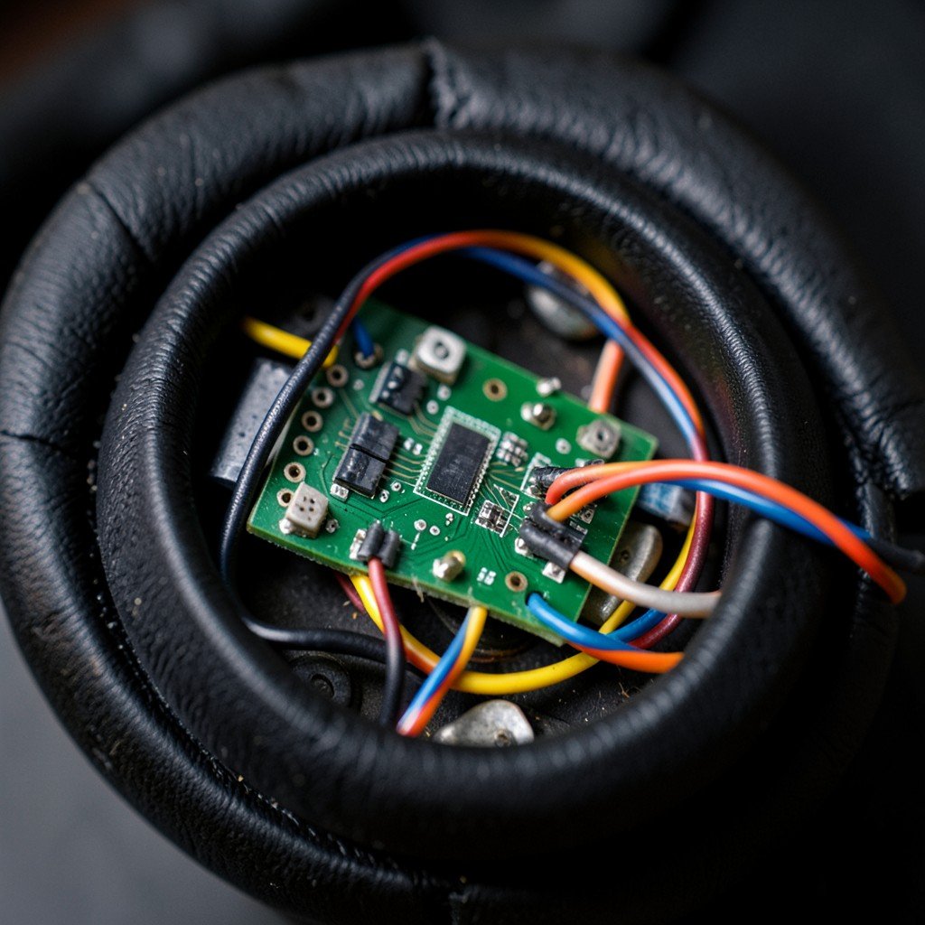 Close-up macro shot of headphone internal components showing circuit boards and wires, professional photography, industrial aesthetic, 4:3 aspect ratio.