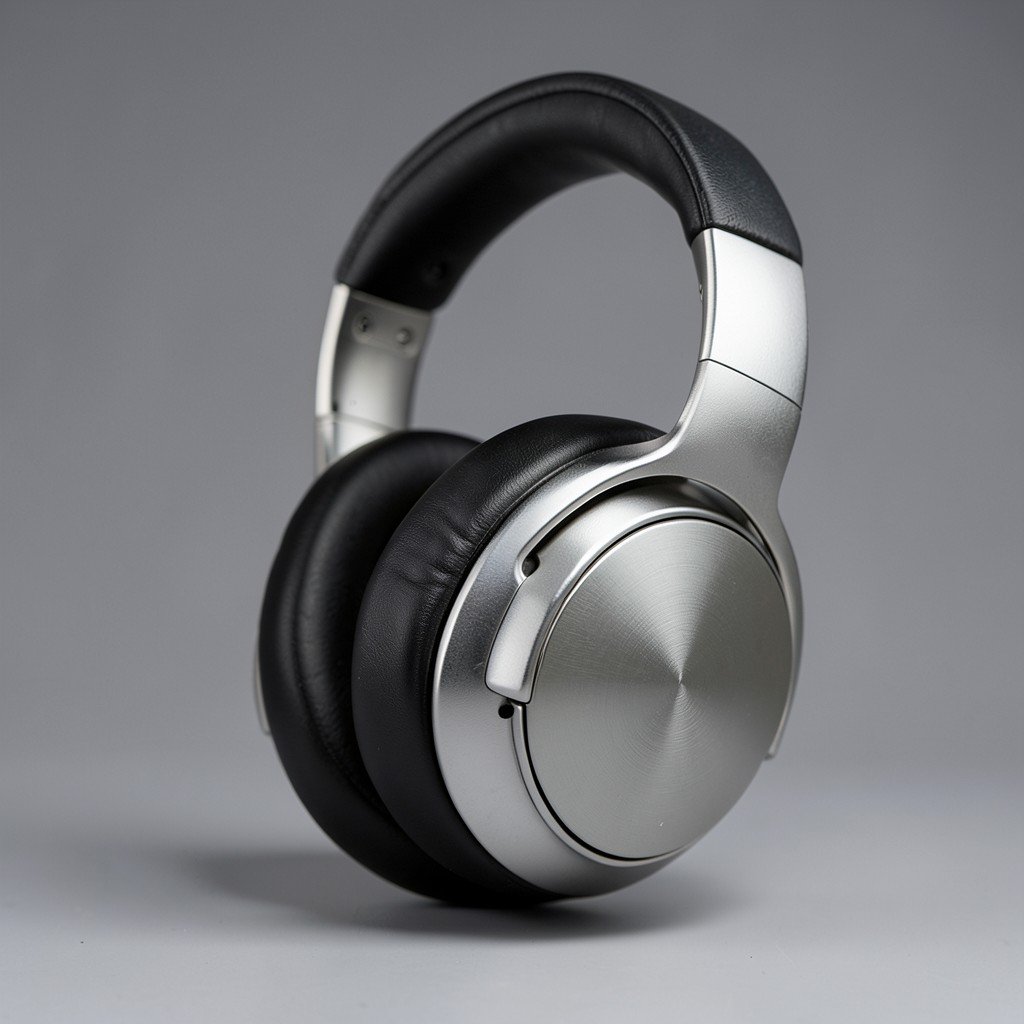 Detailed shot of the metal earcups and headband of high-end headphones, soft studio lighting, metallic texture, 4:3 aspect ratio.