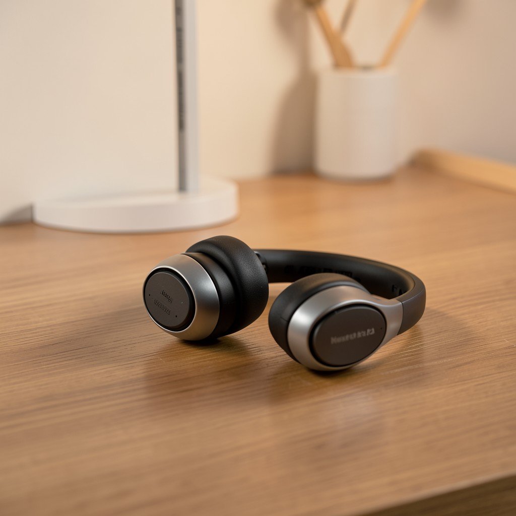 Wide shot of premium wireless headphones on a wooden desk with a minimalist setup, warm soft lighting, 4:3 aspect ratio.