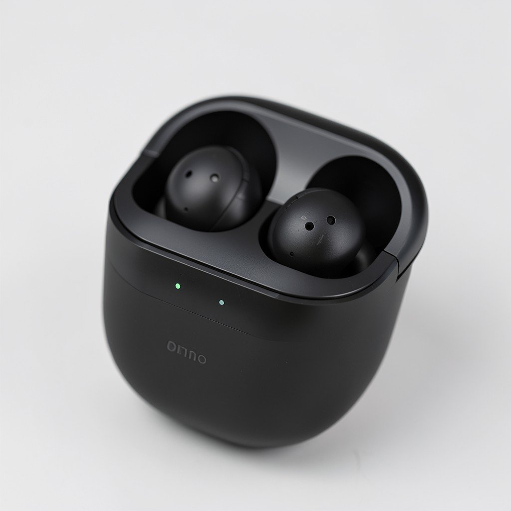 Detailed close up of modern wireless earbuds in a charging case on a minimalist background, professional product photography, 4:3.