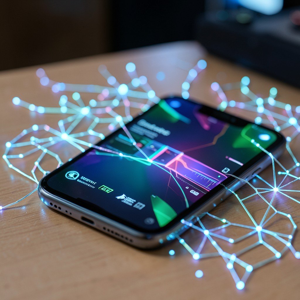 Close up of a modern smartphone on a desk with abstract digital neural network glowing around it, high tech, realistic, 4:3