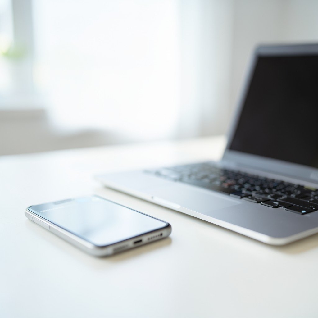 A clean aesthetic workspace with a smartphone and laptop in soft focus, bright natural lighting, professional photography, 4:3