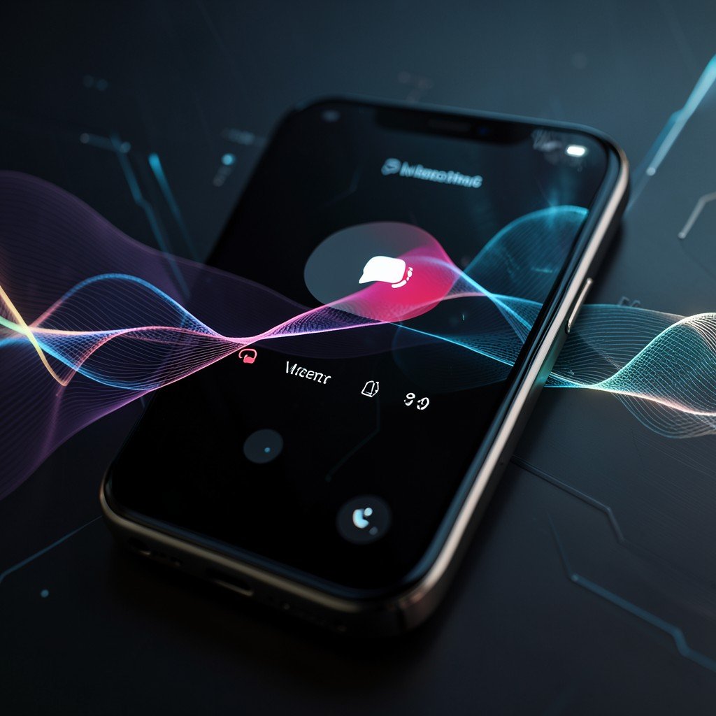 Close up of a modern smartphone with voice recognition interface, abstract light waves, professional tech photography, realistic, 4:3 ratio