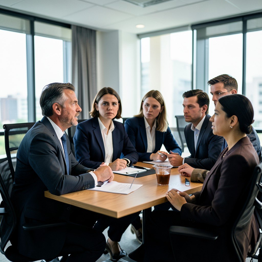 Business professionals collaborating in a modern conference room, serious but energetic atmosphere, professional attire, high quality cinematic style, 4:3 ratio