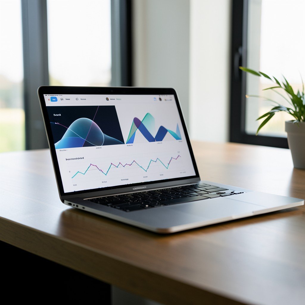 A sleek workspace with a laptop displaying abstract UI design and analytical graphs, natural indoor lighting, realistic photography style, 4:3.