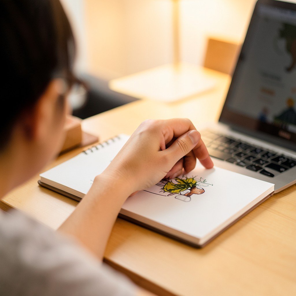 A close up shot of a person working on a creative project on a clean wooden desk with a notebook and a laptop, warm soft lighting, 4:3.