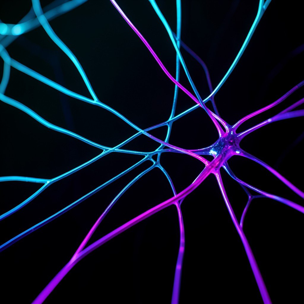 An abstract representation of neural networks connecting in a dark background with vibrant blue and purple neon light accents, cinematic composition, 4:3.