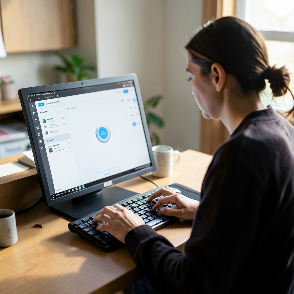 A person working on a creative project, typing on a wireless keyboard, focus on the screen displaying an interface of an AI assistant, high quality photography, 1:1