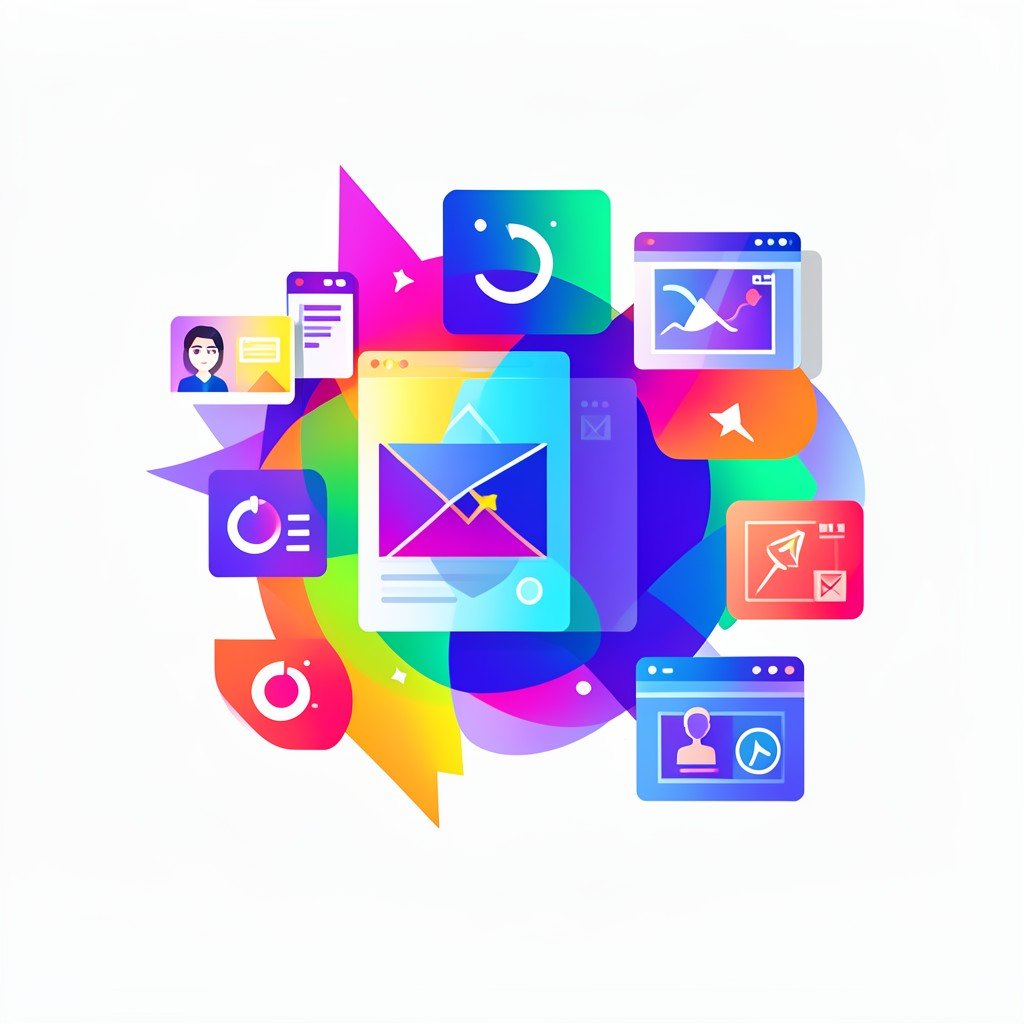 Digital artwork showing abstract icons of images and videos merging into a single workspace, vibrant and clean composition, modern digital art style, 4:3