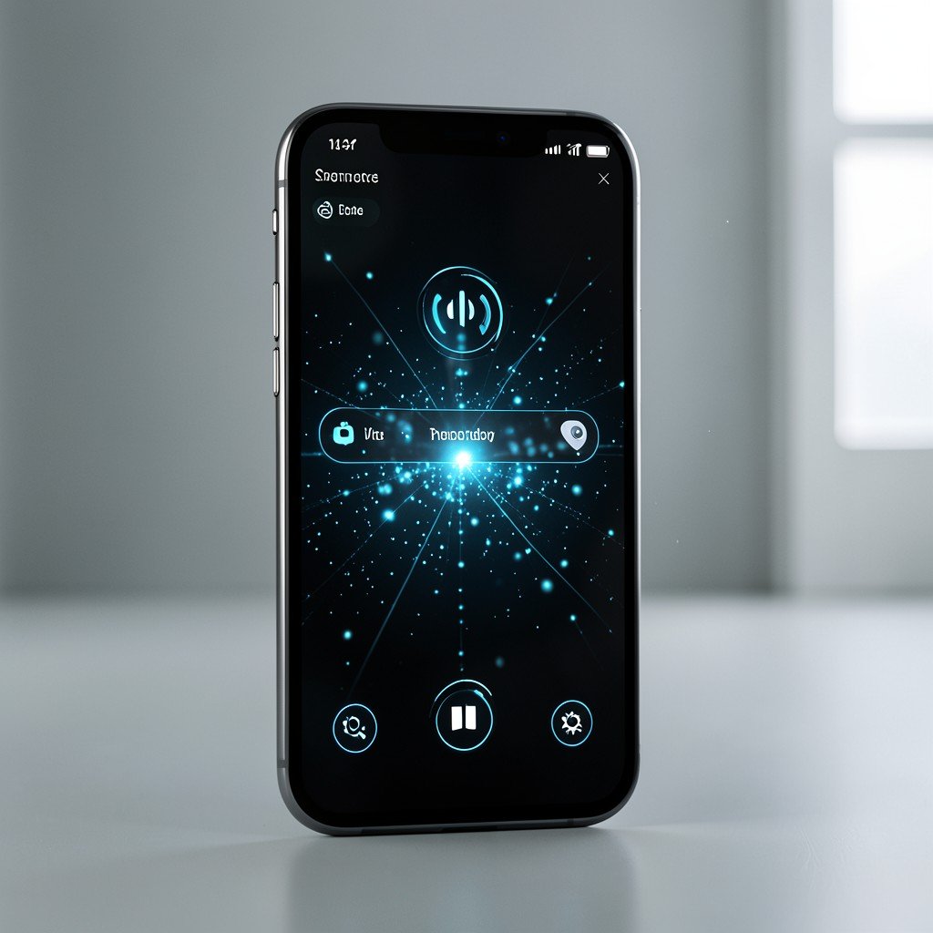 A sleek smartphone screen displaying an advanced voice interface with glowing light particles in a minimalist interior, realistic tech photography, 4:3 aspect ratio.
