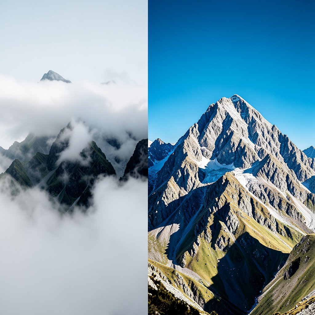 A landscape photography split screen showing a foggy mountain vs a sharp clear mountain, high contrast, professional photography, 4:3