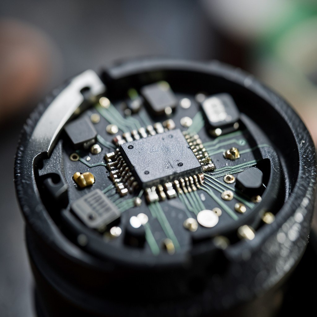 Close-up macro shot of the internal electronic components of high-tech headphones, focus on chip architecture and circuitry, soft bokeh background, professional photography, 4:3 ratio.