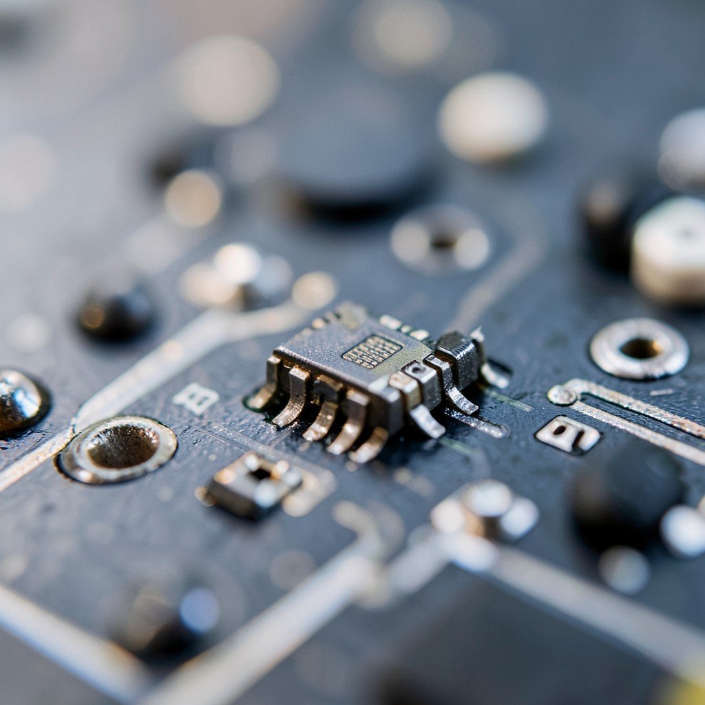 Macro shot of a small electronic chip on a headphone circuit board, technical aesthetic, soft focus background, high quality, 4:3