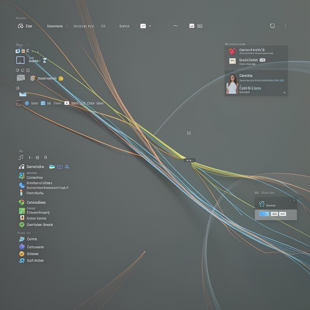 Abstract representation of digital content streams converging into a single view, balanced composition, muted colors, realistic, 4:3 aspect ratio.