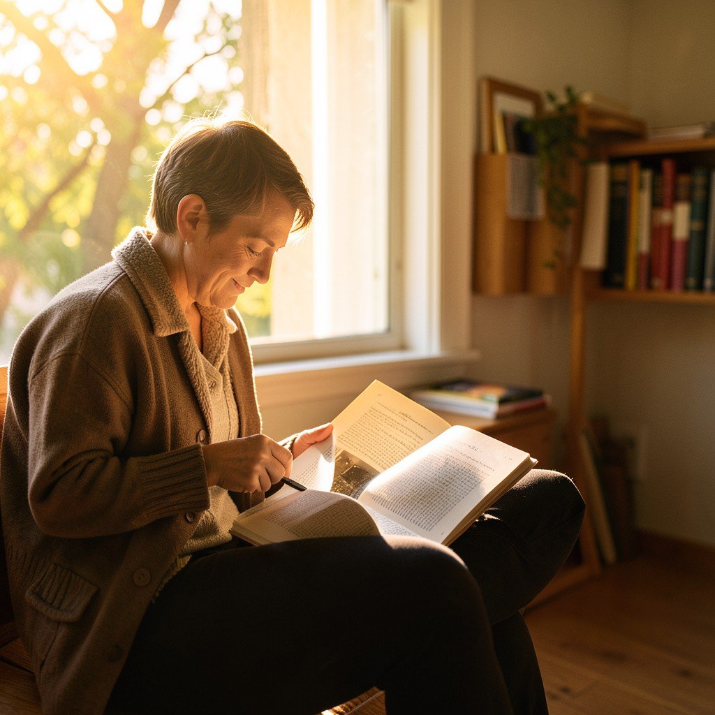A person reading a book in a sunlit room with the smartphone placed far away, lifestyle photography, warm lighting, natural setting, 4:3 aspect ratio.