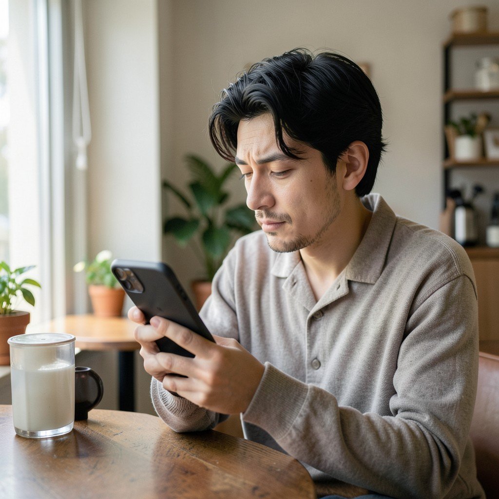 A person looking at a smartphone with a thoughtful expression in a cozy cafe, soft natural light, minimalist interior, realistic style, 4:3
