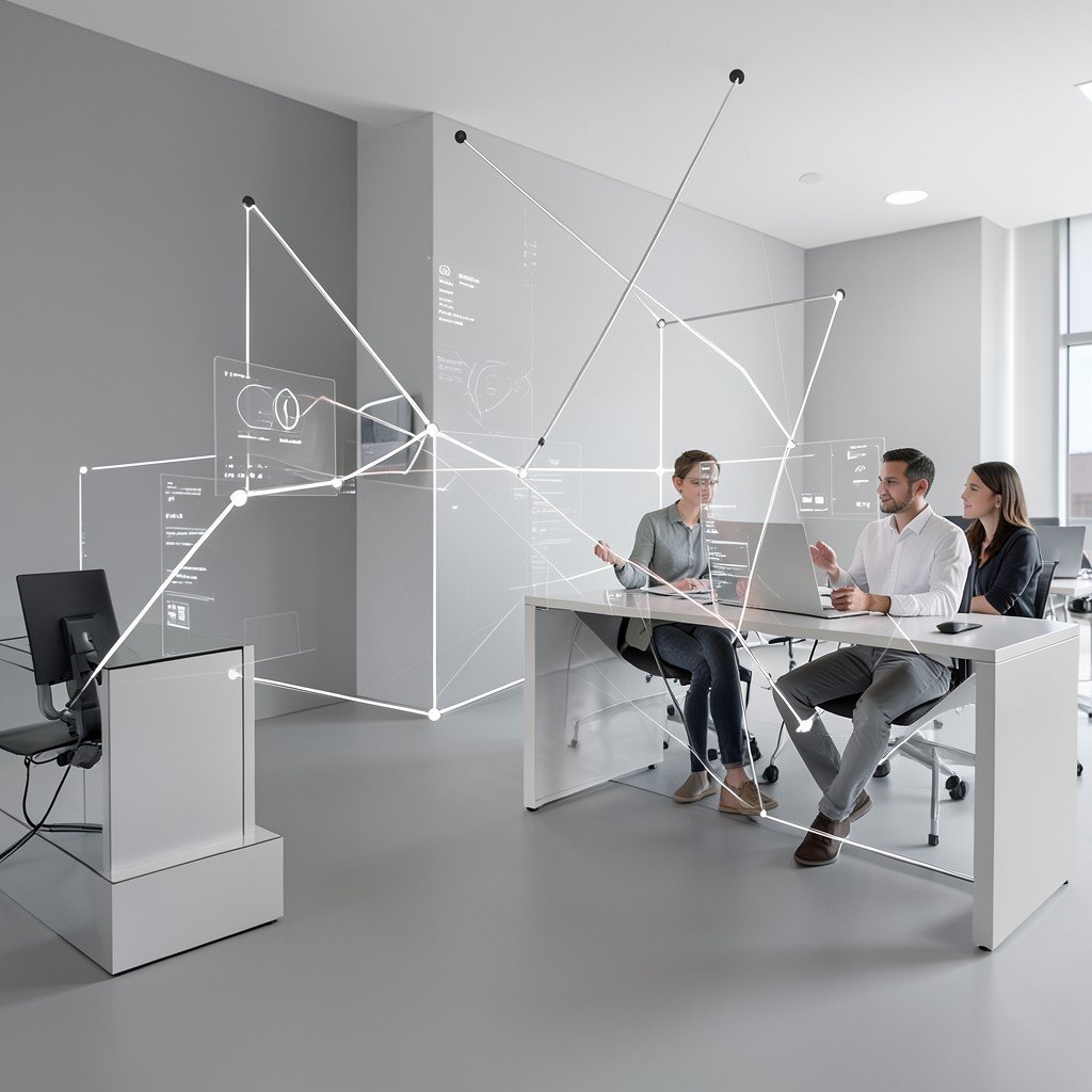 Abstract representation of digital connection and human communication, clean modern workspace, neutral colors, 4:3