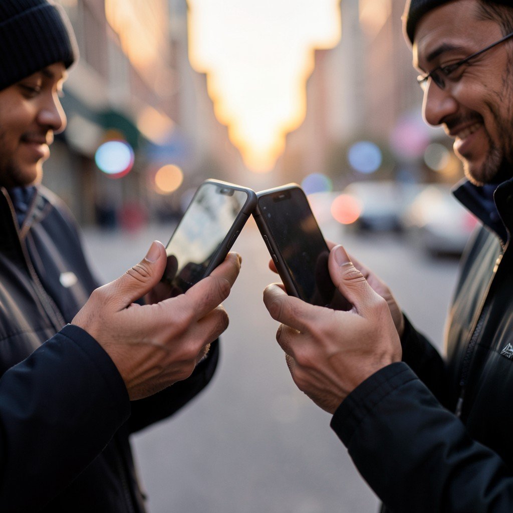 Two people holding smartphones, focus on the hands and screens, urban street background, soft sunset lighting, realistic photography, 4:3