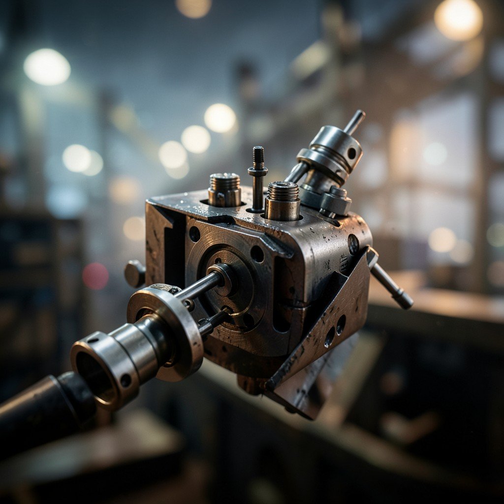 Abstract representation of technology supply chain disruption, metal manufacturing parts, blurred industrial background, cinematic lighting, conceptual design, 4:3 aspect ratio.