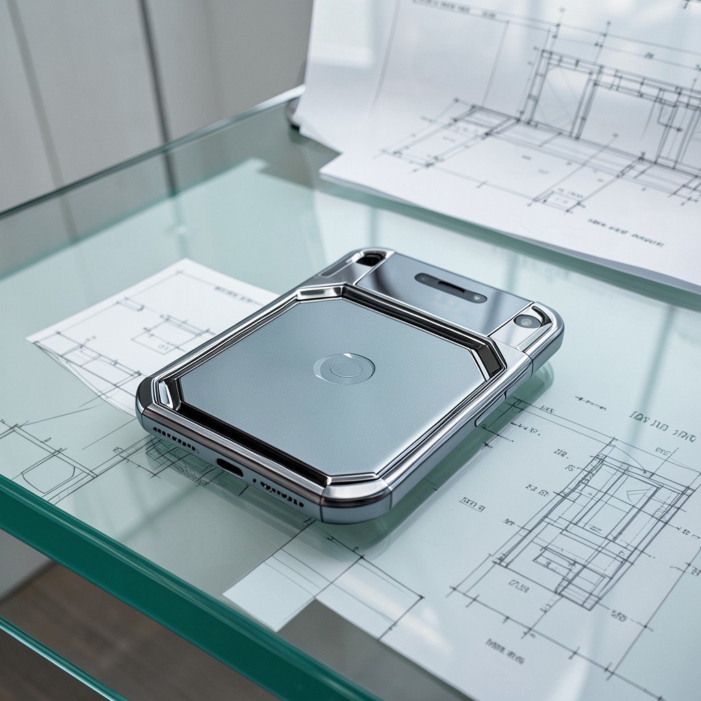 Futuristic smartphone design sketch on a glass table, architectural blueprints in the background, professional atmosphere, sleek lines, focus on thin technology, 4:3 aspect ratio.