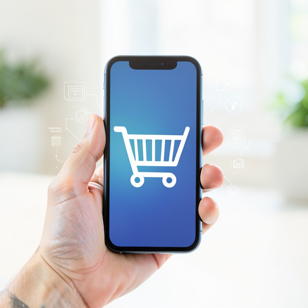 A hand holding a smartphone with shopping cart icon overlay, subtle digital elements, clean and bright background, modern consumer lifestyle, 4:3 aspect ratio.
