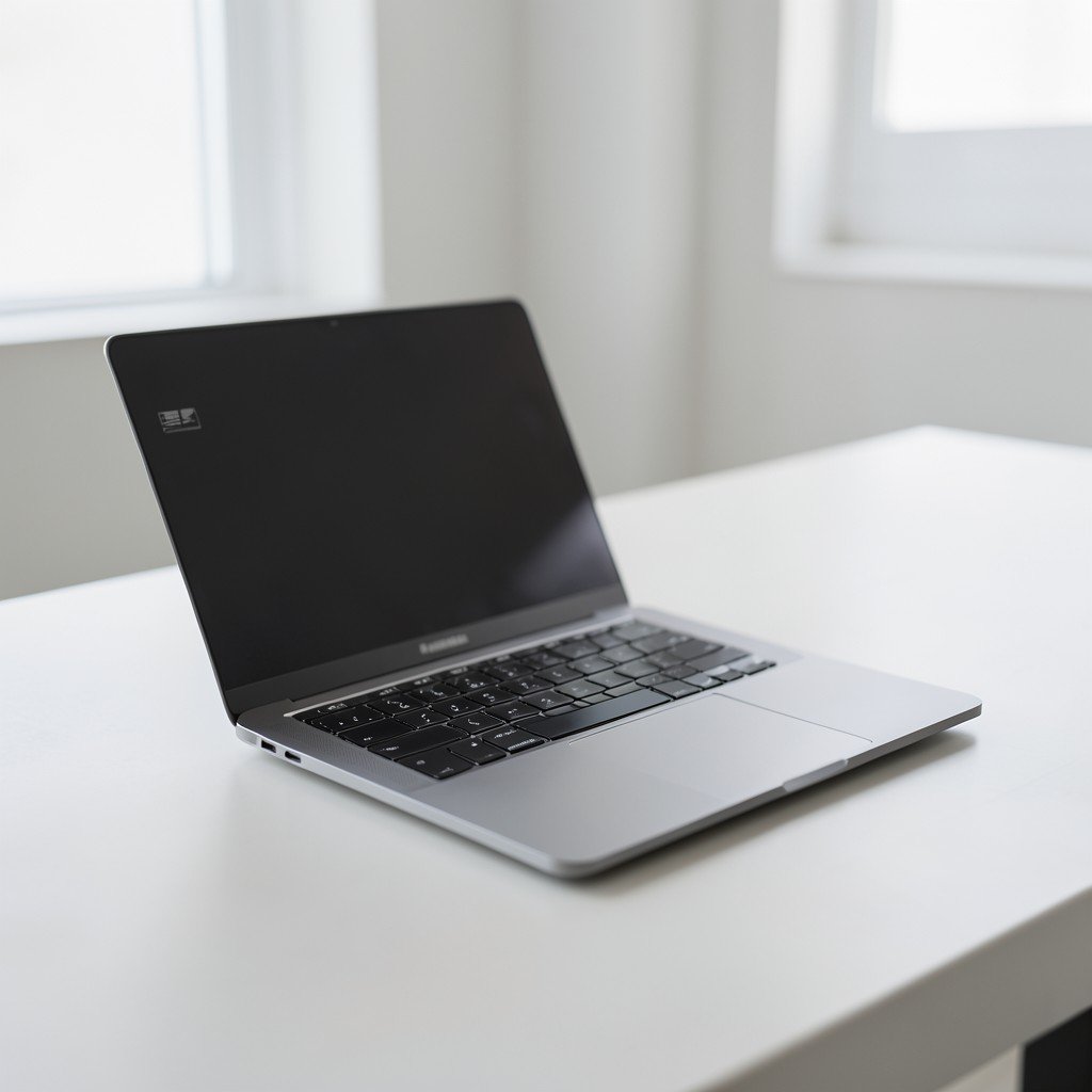 Sleek ultra-thin laptop open on a clean desk, soft natural light, minimalist interior, professional photography, 4:3 aspect ratio.