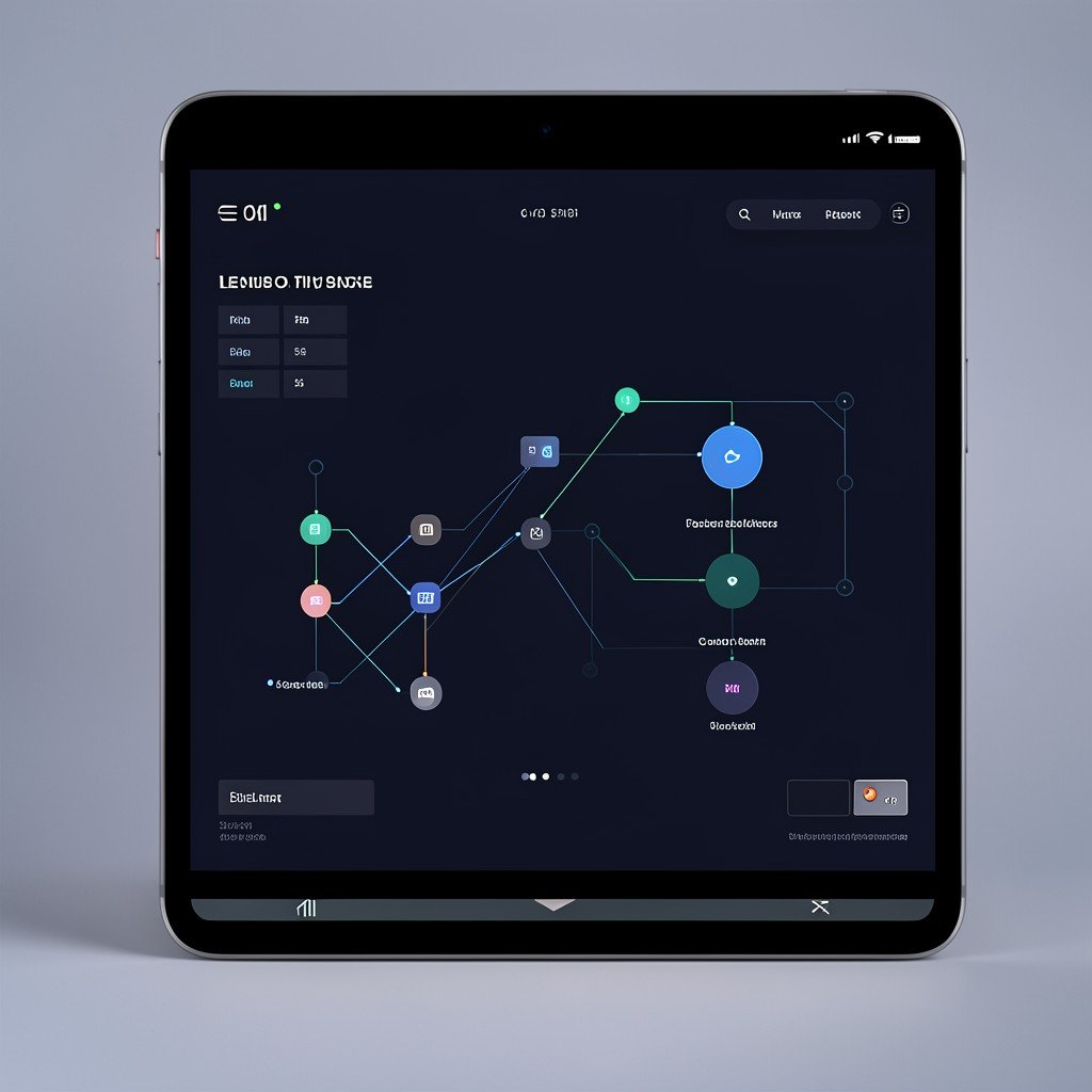 Sleek user interface design on a device screen showing connected nodes, professional tech aesthetic, 4:3