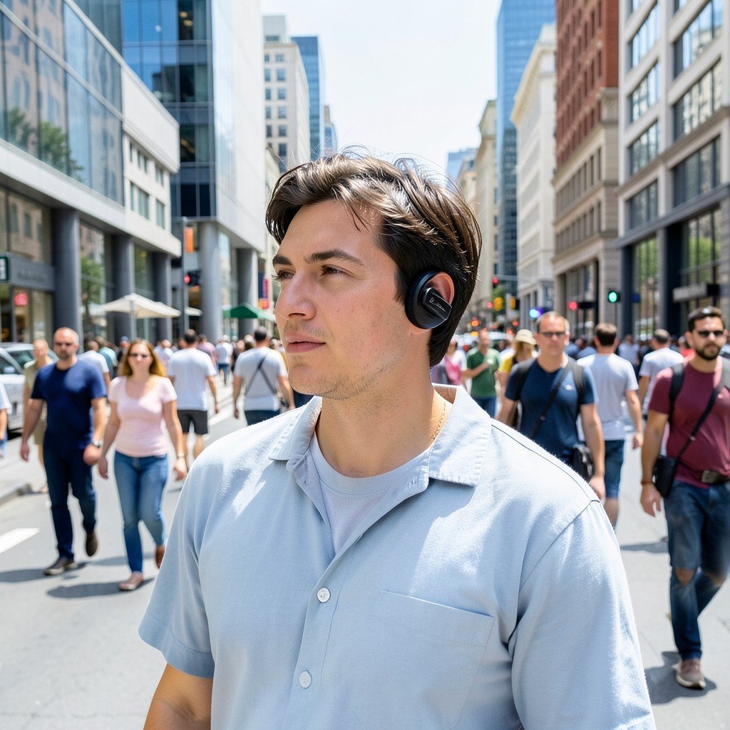 A person wearing wireless headphones exploring a busy street in a foreign city, modern and realistic photography, bright daylight, 4:3 aspect ratio