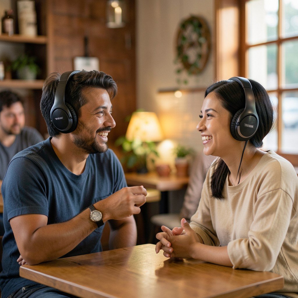 Two people from different cultures talking to each other using headphones, friendly expressions, soft focus, indoor cafe setting, 4:3 aspect ratio