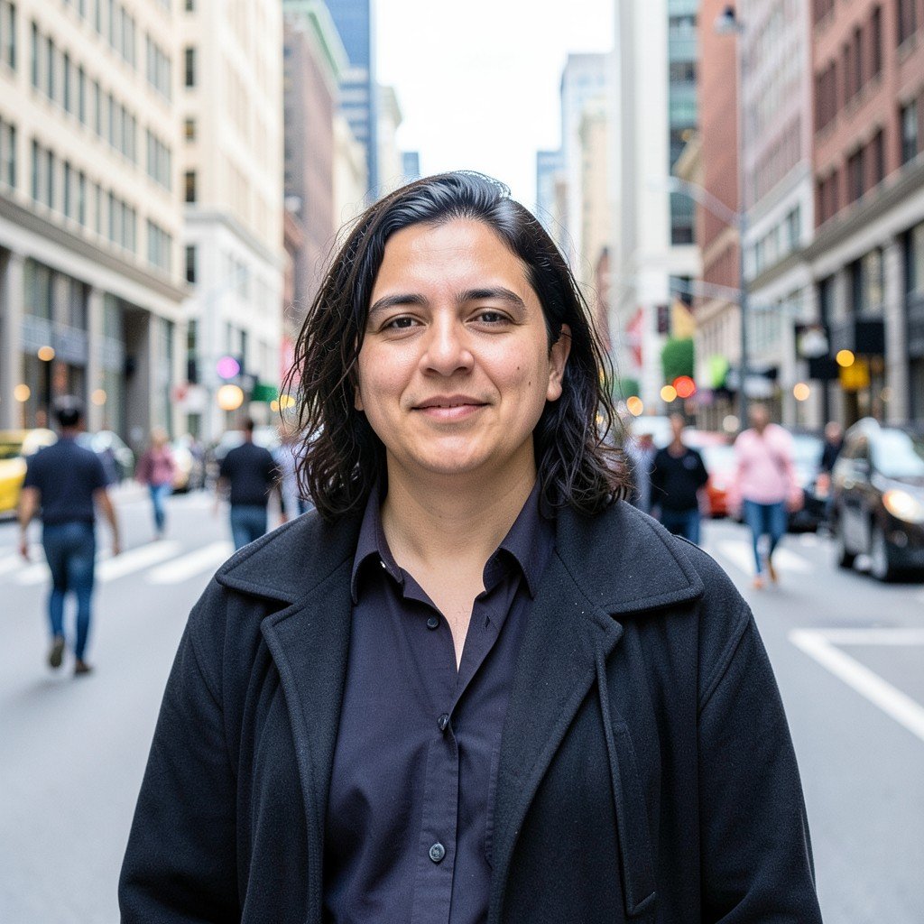 A street portrait of a person in a busy city background, focused subject, clean composition, natural daylight, 4:3