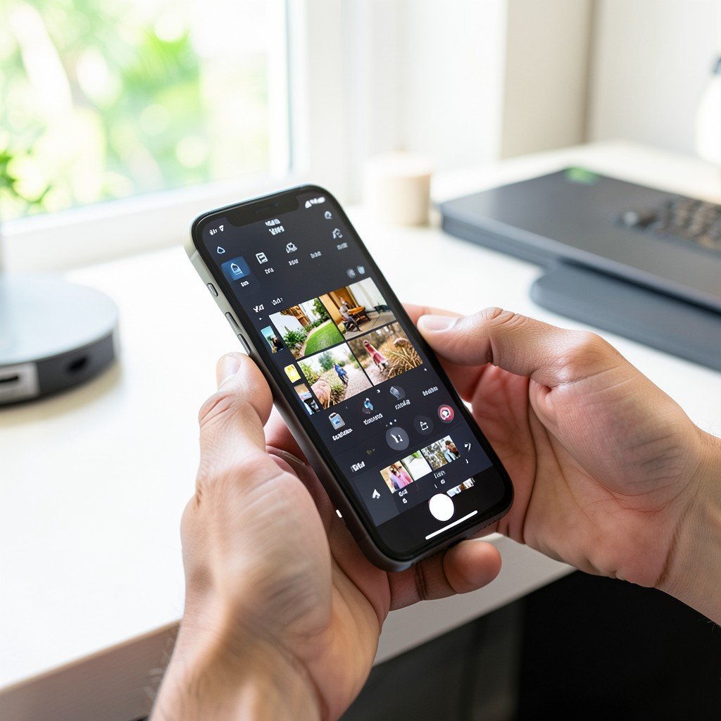 A close up shot of a person's hands holding a smartphone displaying creative photo editing tools, modern desk setup, bright natural lighting, 4:3